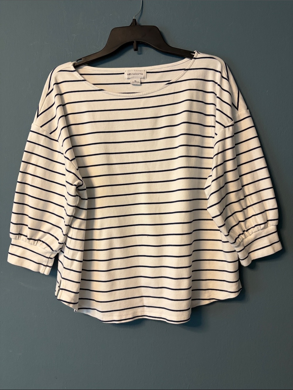 Liz Claiborne White and Navy Striped Boatneck Top